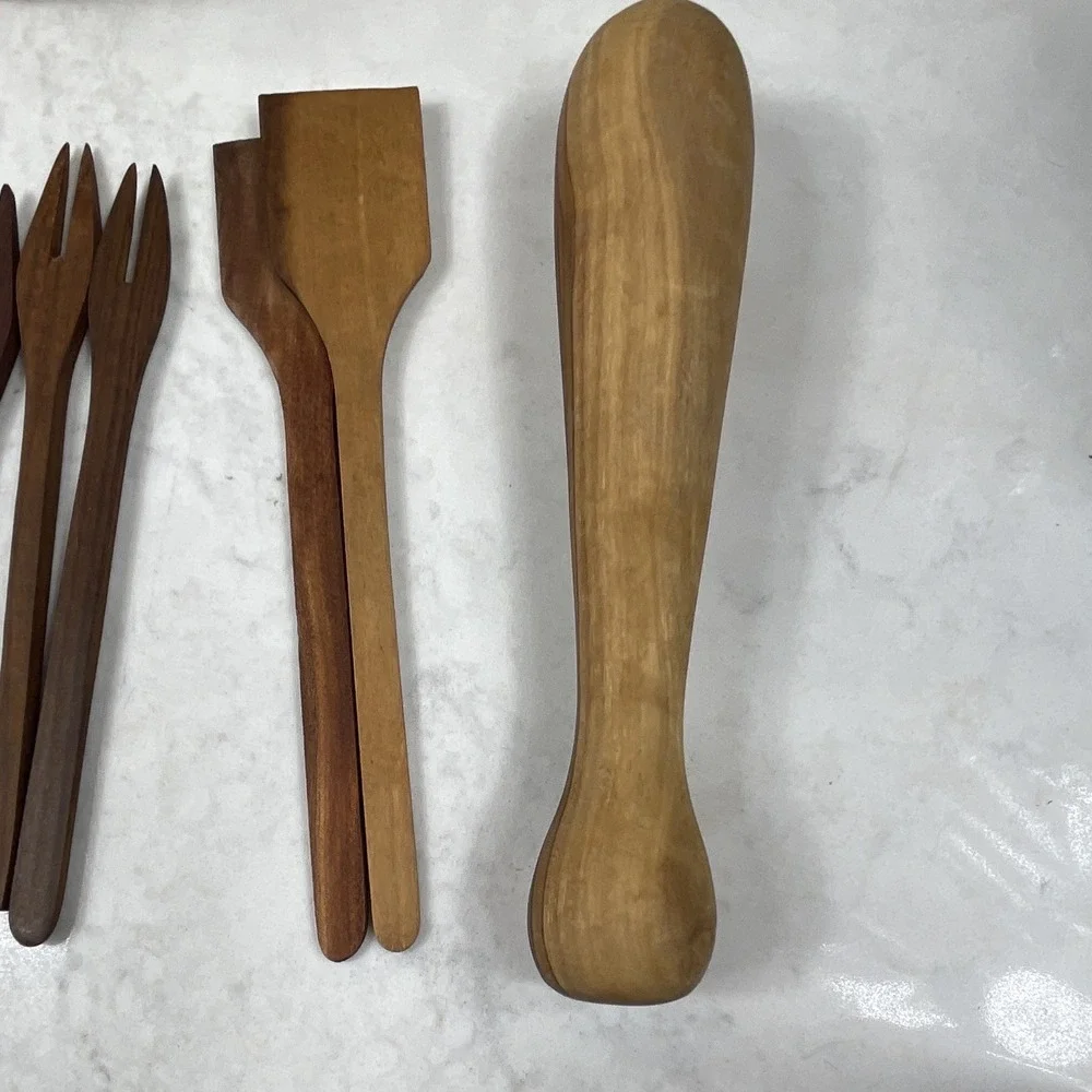 Rustic 11pc Wood Utensil Set Medium Brown Matte w/ Holder Spoon Fork Spatula